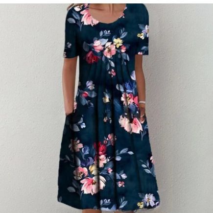 Plus Size Floral Print Short Sleeve Round Neck A-Line Midi Dress