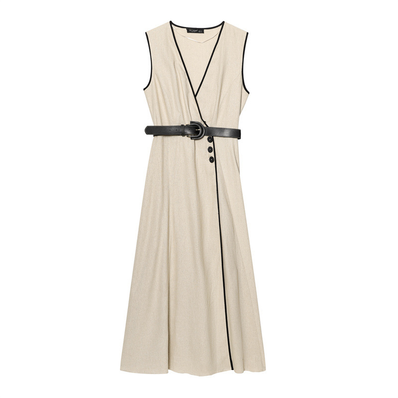 Women's Belted Irregular Long Dress Minimalist Elegant Sleeveless High Waist