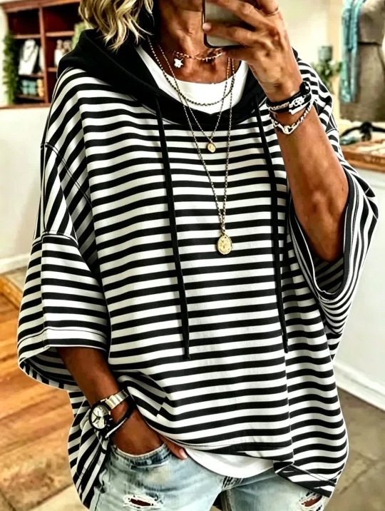 Women's Striped Hooded Pullover Sweatshirt with 3/4 Sleeves