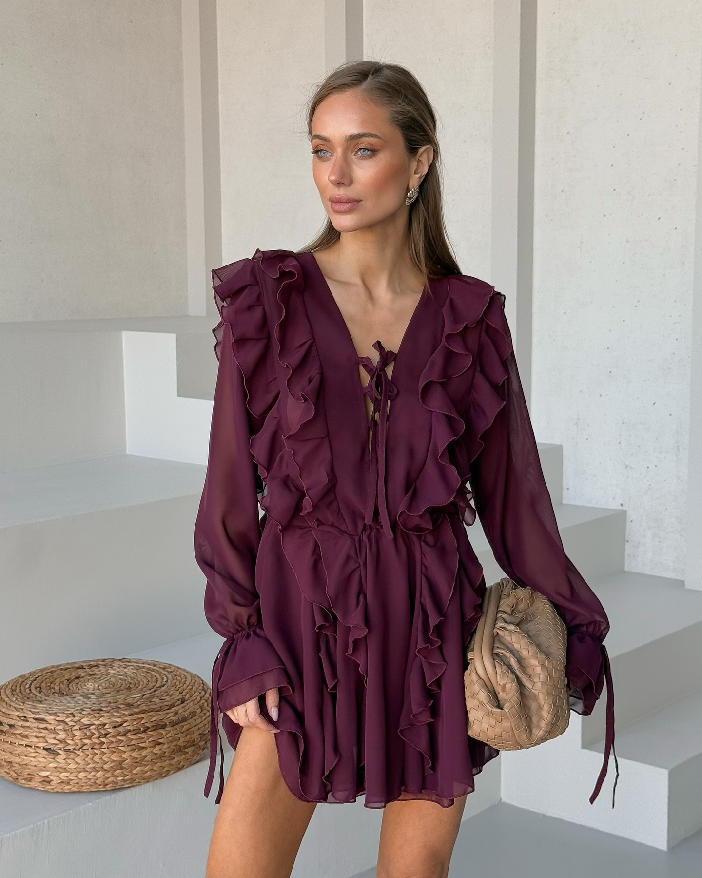 Elegant V-Neck Lace-Up Flare-Sleeve A-Line Dress
