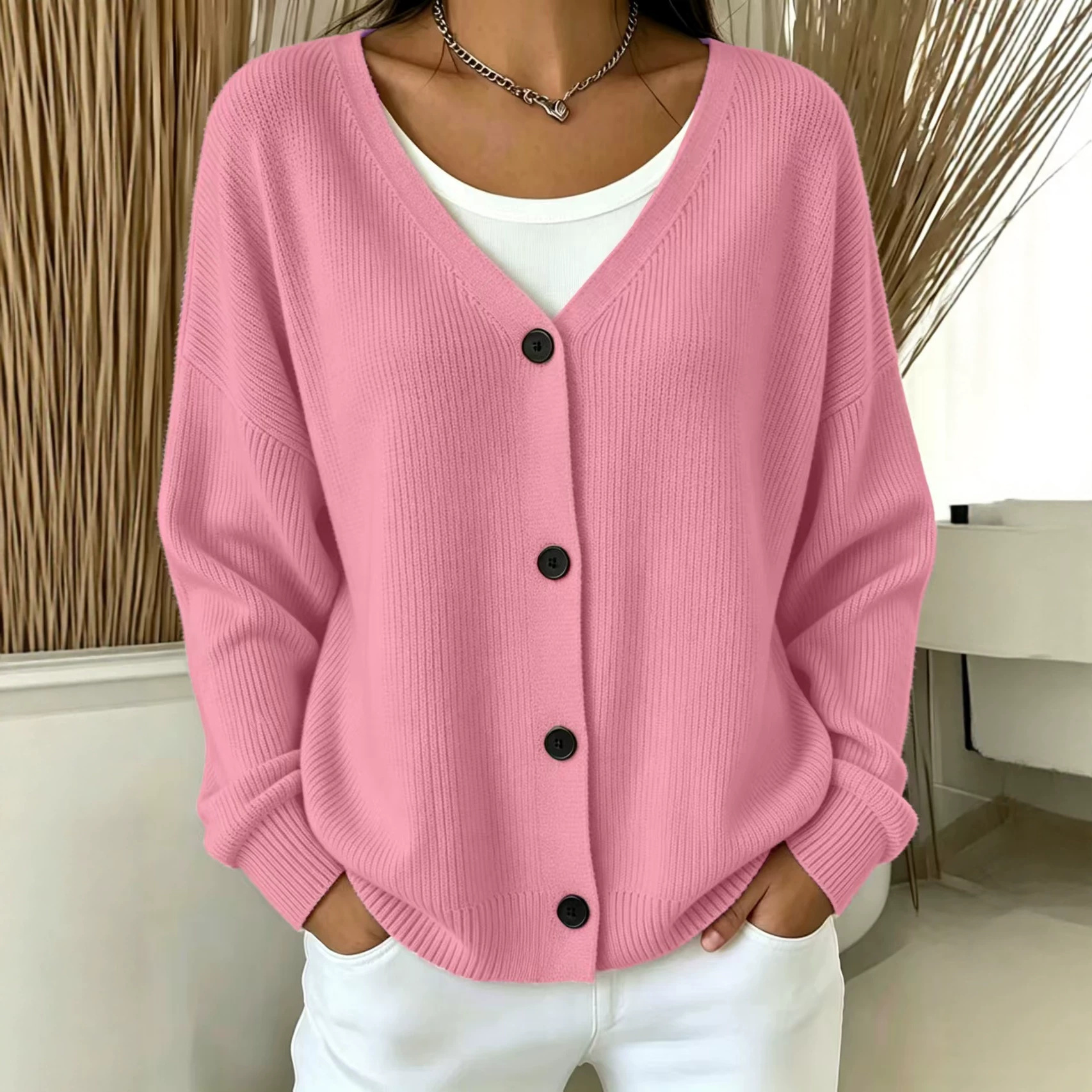 V-Neck Button-Up Knit Cardigan