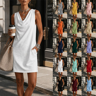 Women's Cowl Neck Sleeveless Solid Color Mini Dress with Pockets