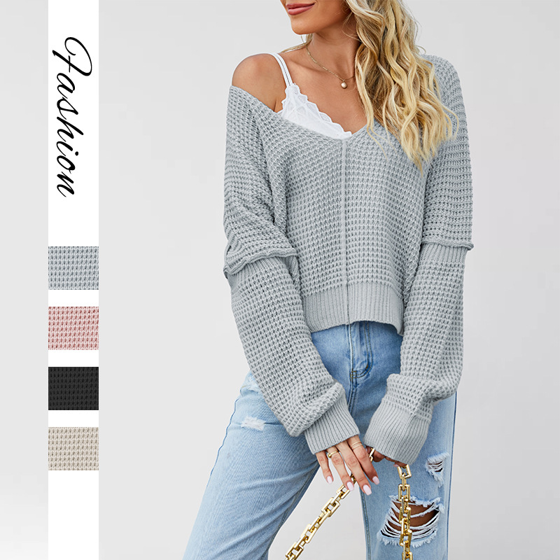 V-Neck Off-Shoulder Loose Knit Sweater
