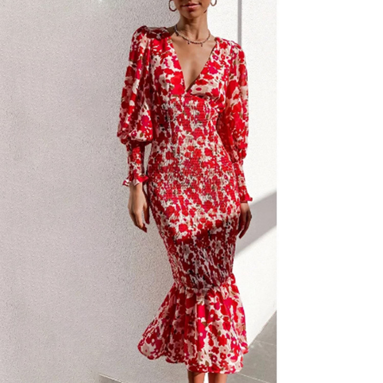 Women's V-Neck Mermaid Dress High Waist Bodycon Long Gown