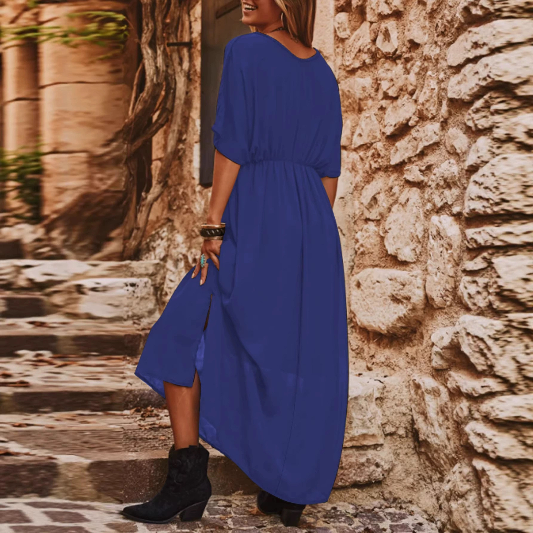 Plus Size Batwing Sleeve V-Neck Maxi Dress
