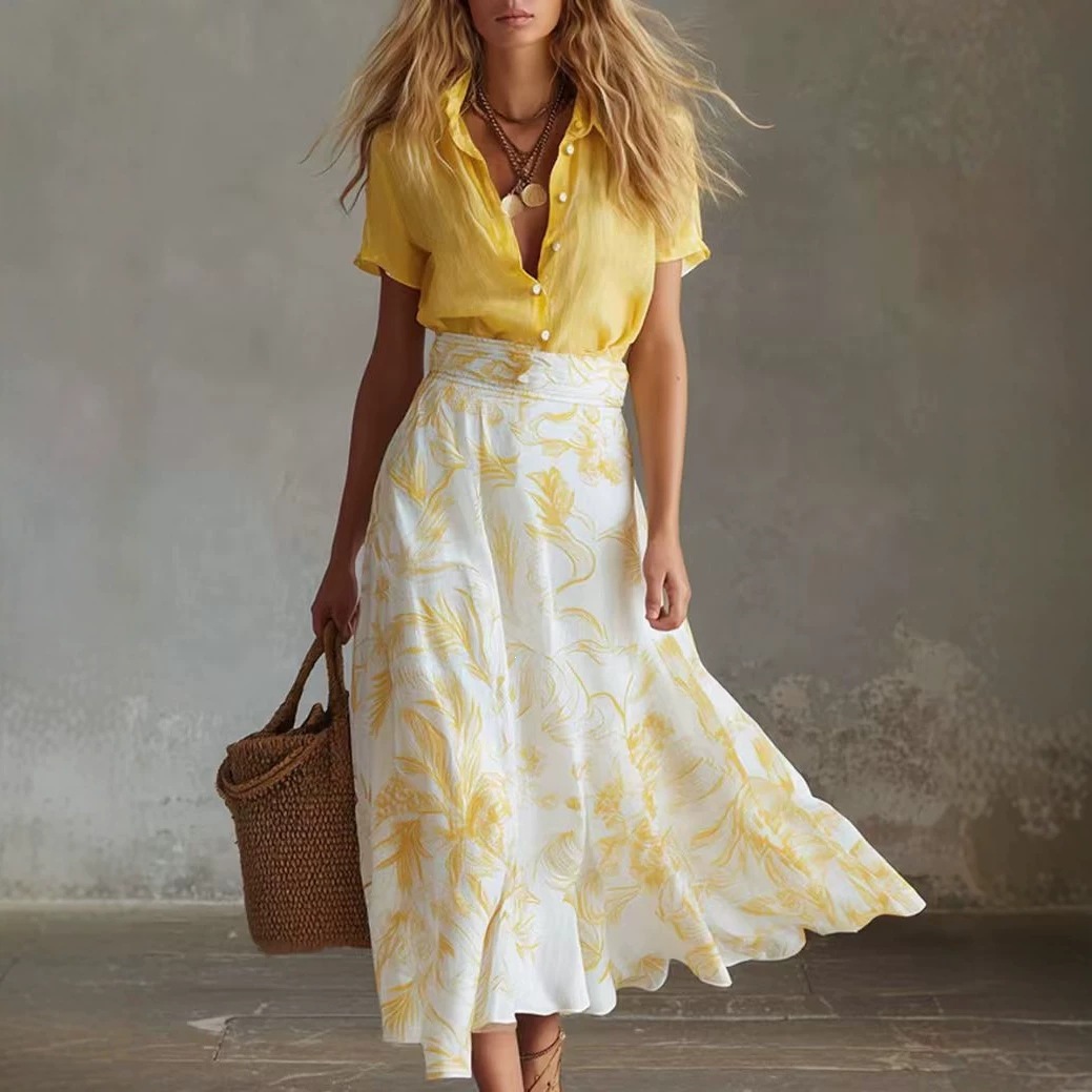 Women's Colorblock Shirt and Skirt Two-Piece Set Casual Spring Summer