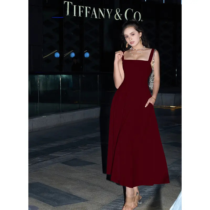Women's Wide Strap Square Neck A-Line Midi Dress with Adjustable Waist