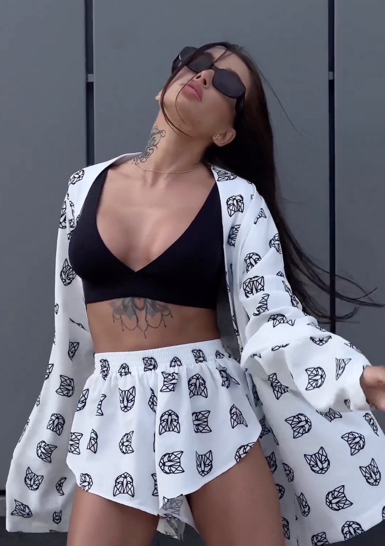 Women's Printed Long Sleeve Tie-Waist Pajama Set with High-Waist Shorts