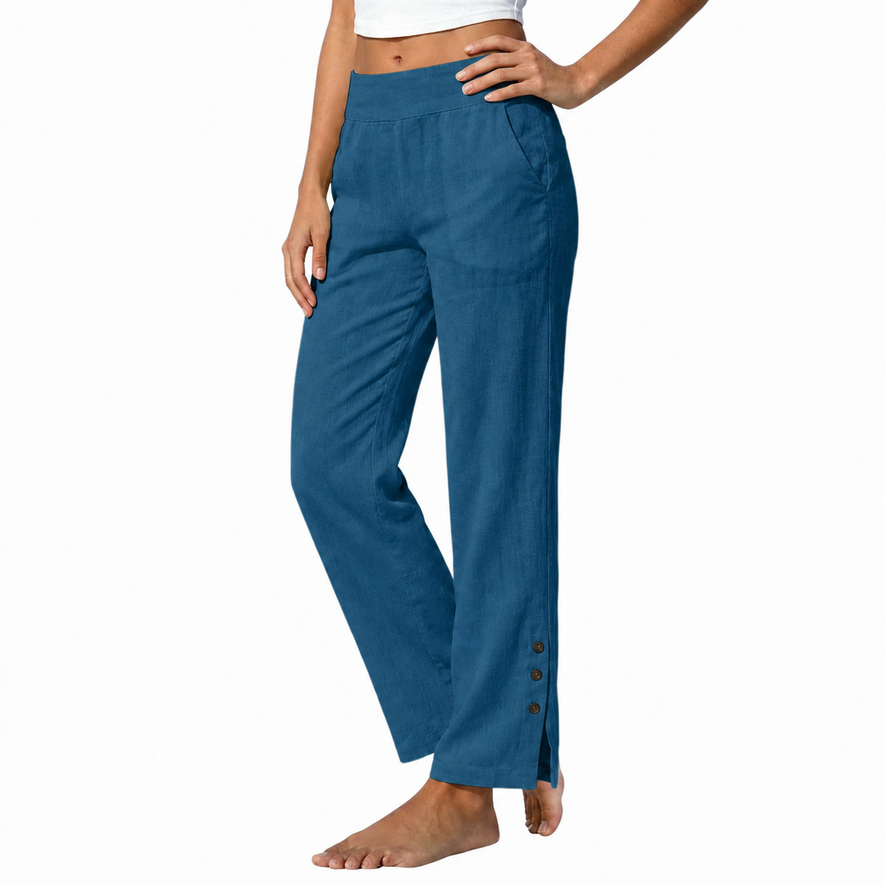 Women's Cotton Linen High Waist Wide Leg Pants with Side Slit Buttons