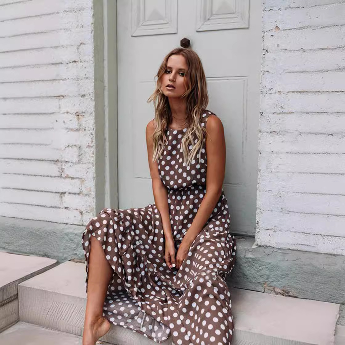 Polka Dot Print Round Neck Long Dress