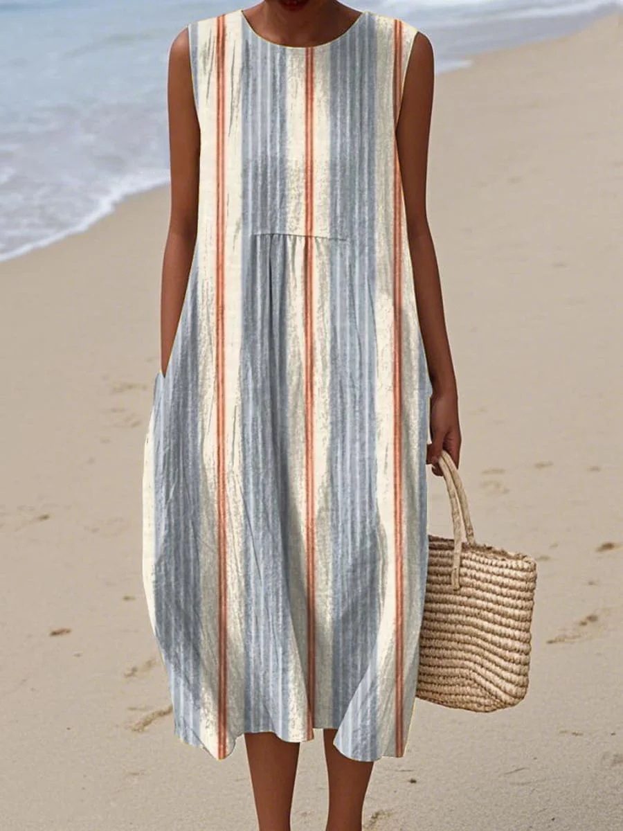 Women's Retro Multicolor Striped Floral Sleeveless Midi Dress