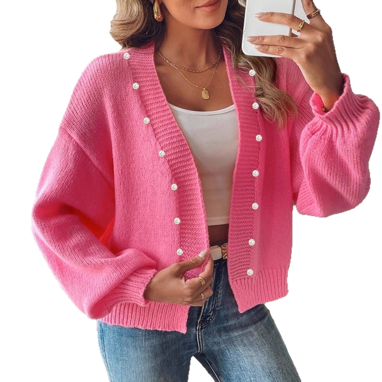Pink Knit Cardigan for Women V-Neck Button-Up Long Sleeve