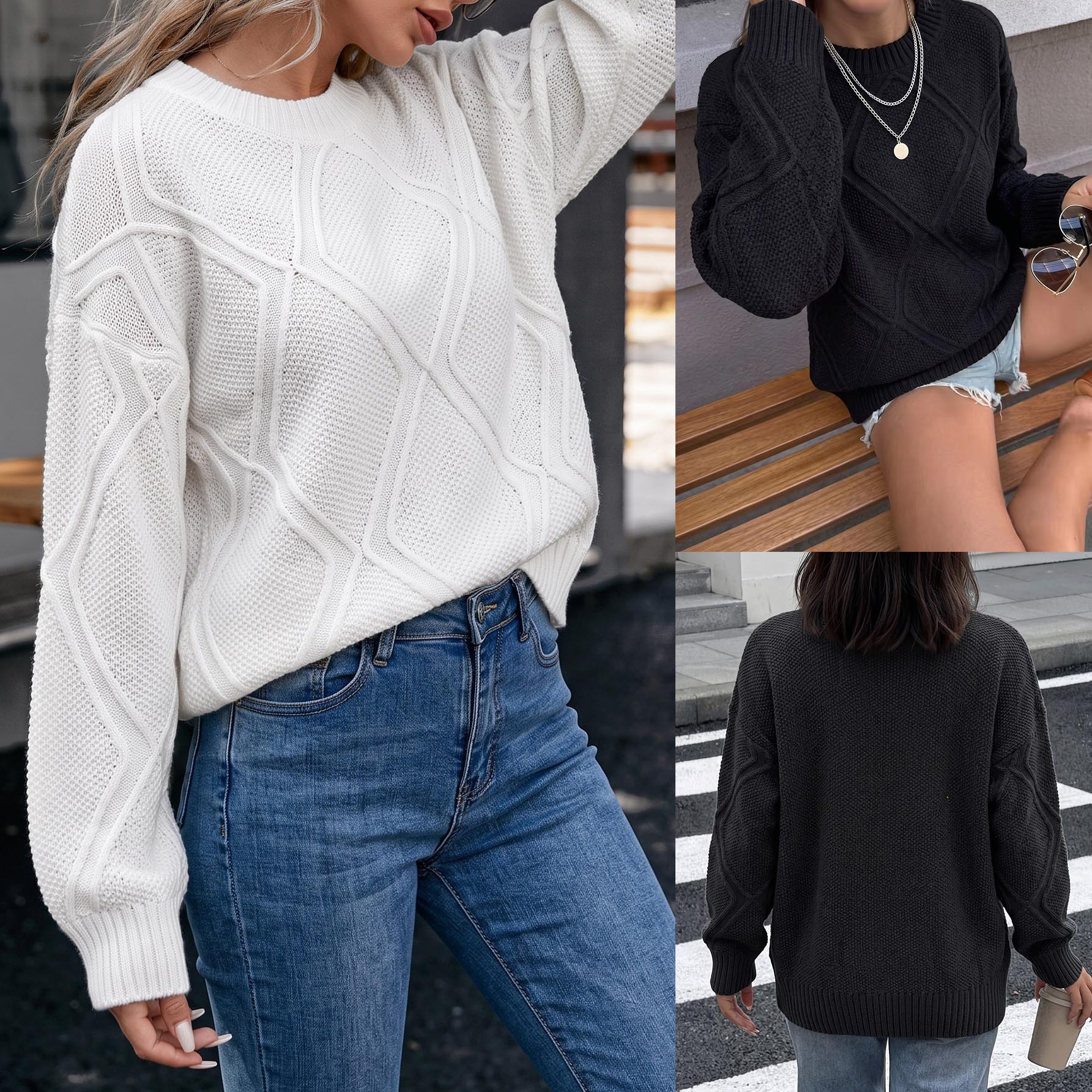 Women's Loose Fit Diamond Pattern Pullover Knit Sweater