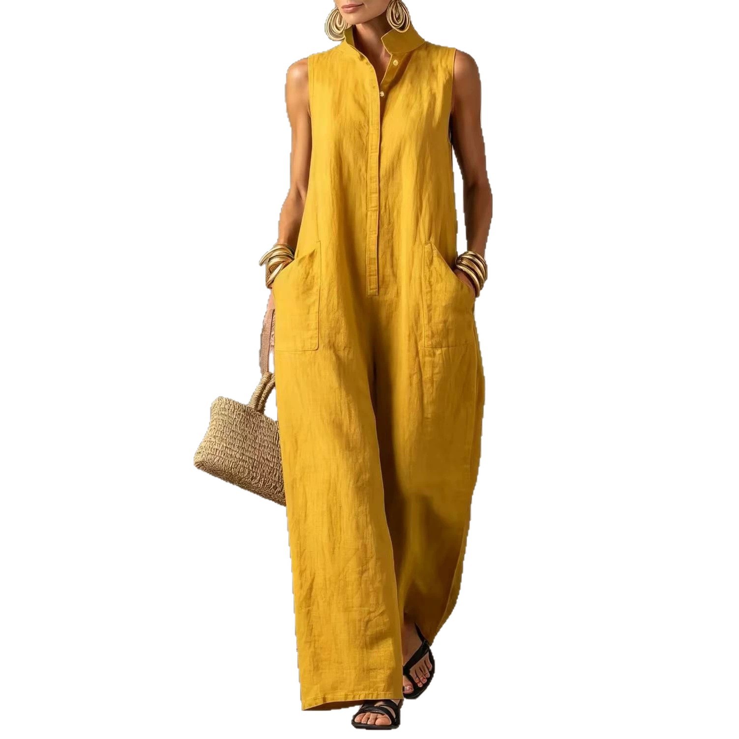 Women's Linen-Blend Sleeveless Button-Front Jumpsuit with Stand Collar