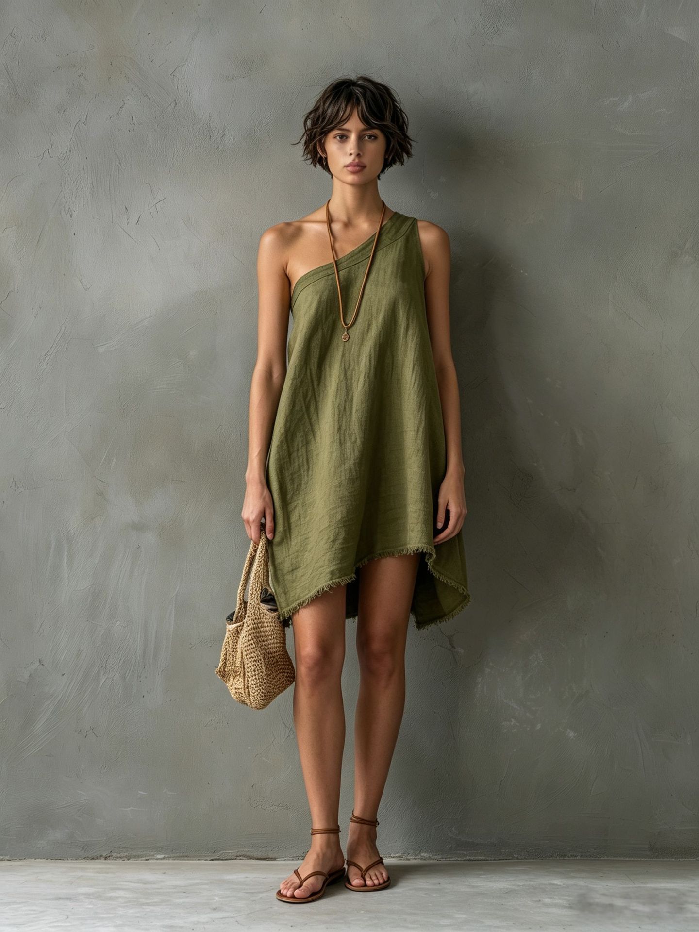 Minimalist Linen-Blend One-Shoulder Sleeveless Frayed Mini Dress