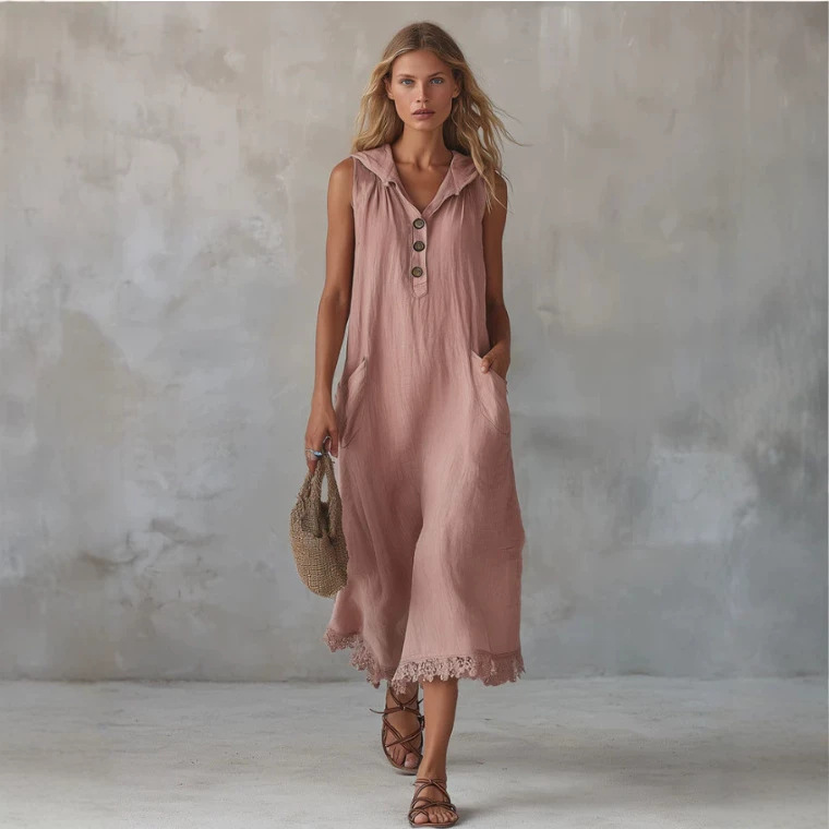 Casual Vintage Lace-Trim Pink Hooded Midi Shirt Dress