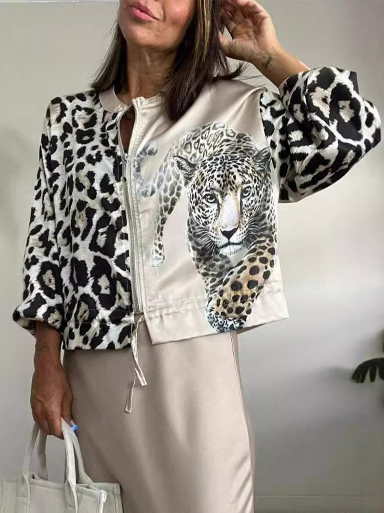 Women's Leopard Print Zip-Up Jacket Casual Loose Fit