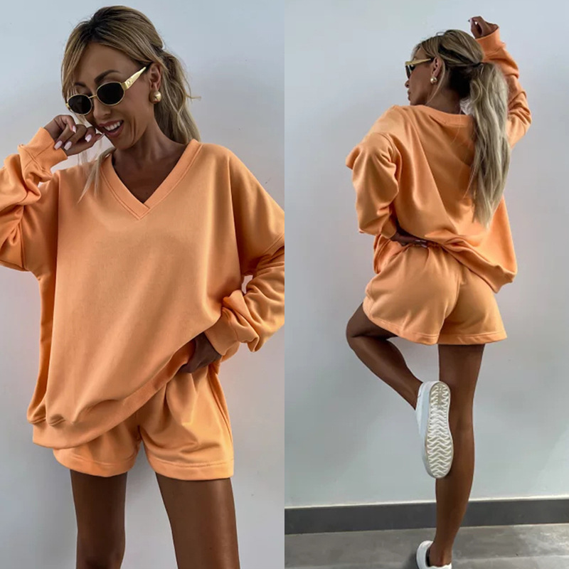 Women's Striped Long Sleeve V-Neck Loose Top and Shorts 2-Piece Set
