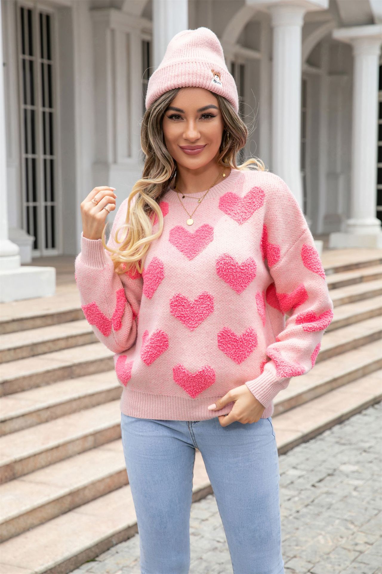 Women's Heart Crewneck Pullover Knit Sweater Plus Size
