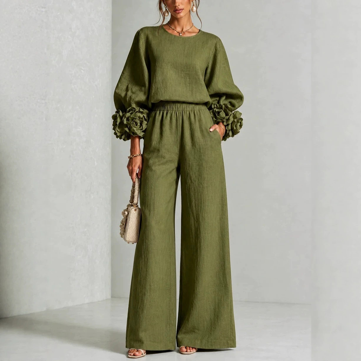 Women's Solid Color Floral Print Two-Piece Pants Set