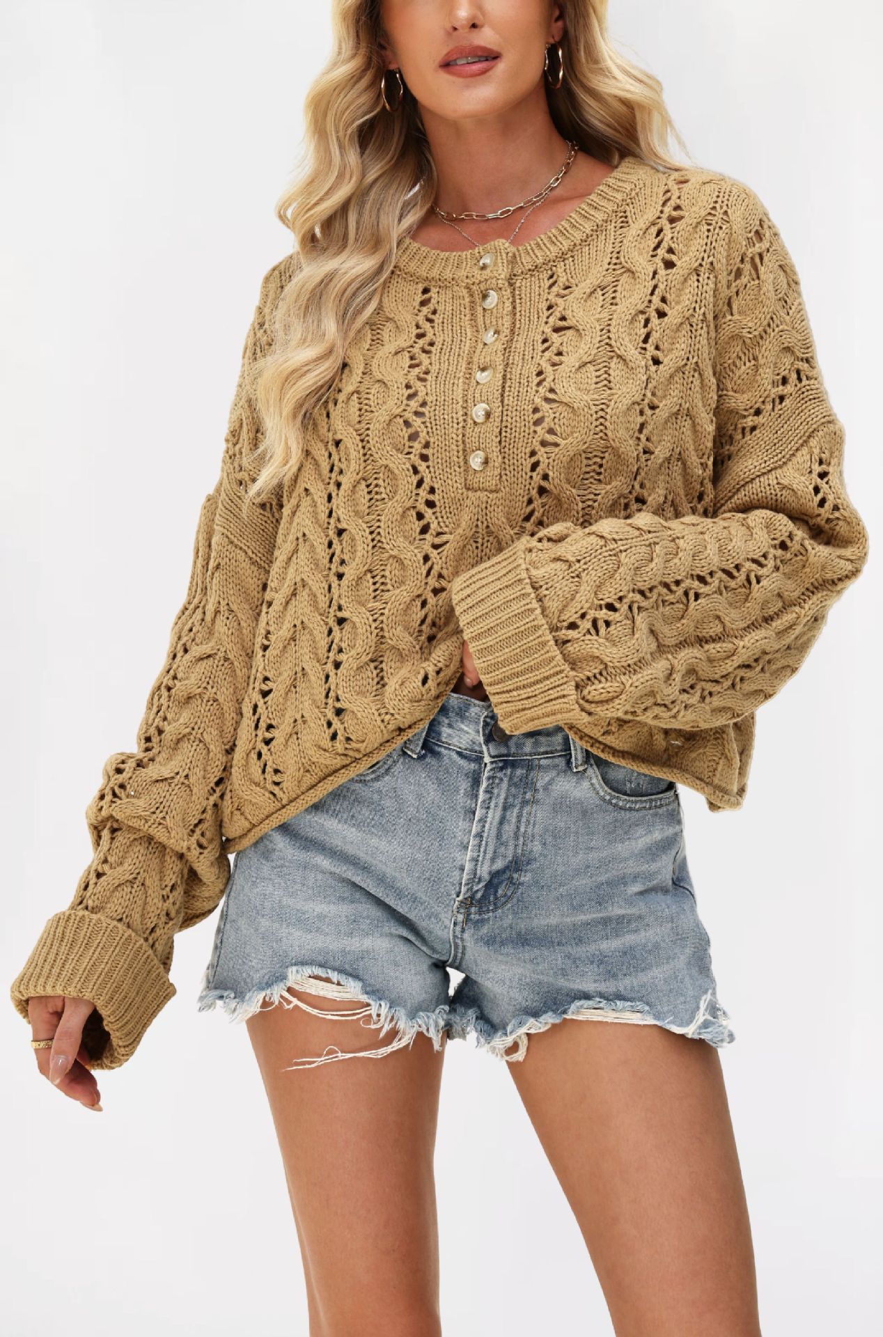 Button-Front Cable-Knit Cropped Sweater