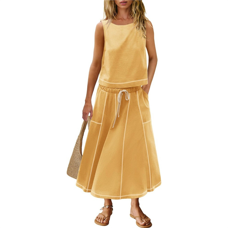 Women's Sleeveless Tank Top and Midi Skirt Two-Piece Set Colorblock