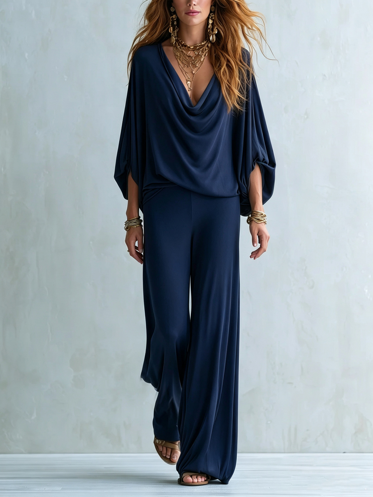 Bohemian Solid Color Cowl Neck Batwing Sleeve Top and Wide-Leg Pants Set