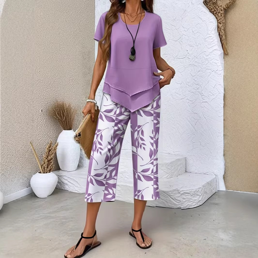 Women's Short Sleeve High Waist Wide Leg Pants Two-Piece Set