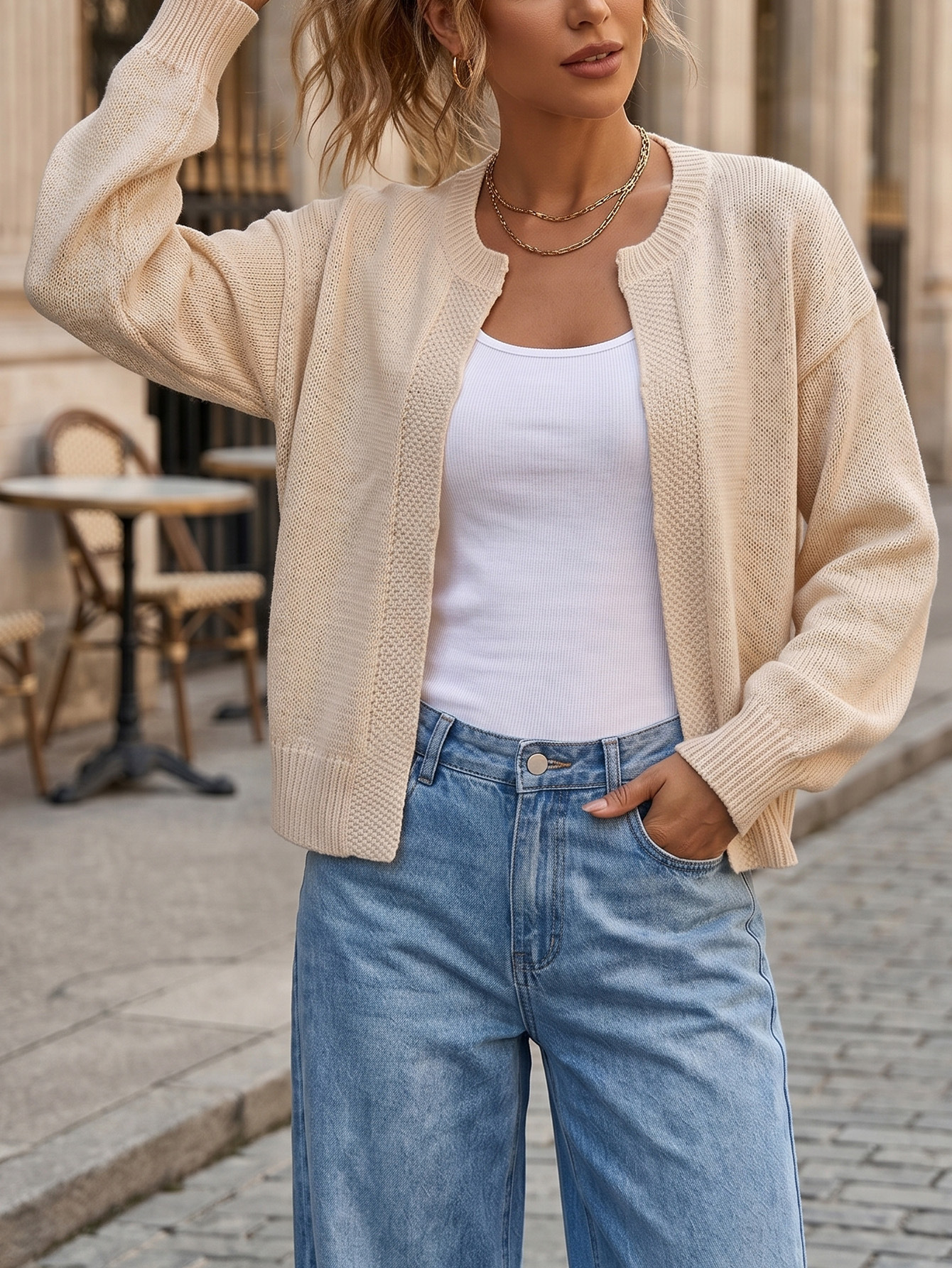 Women's Loose Knit Cardigan Long Sleeve Crew Neck Solid Color