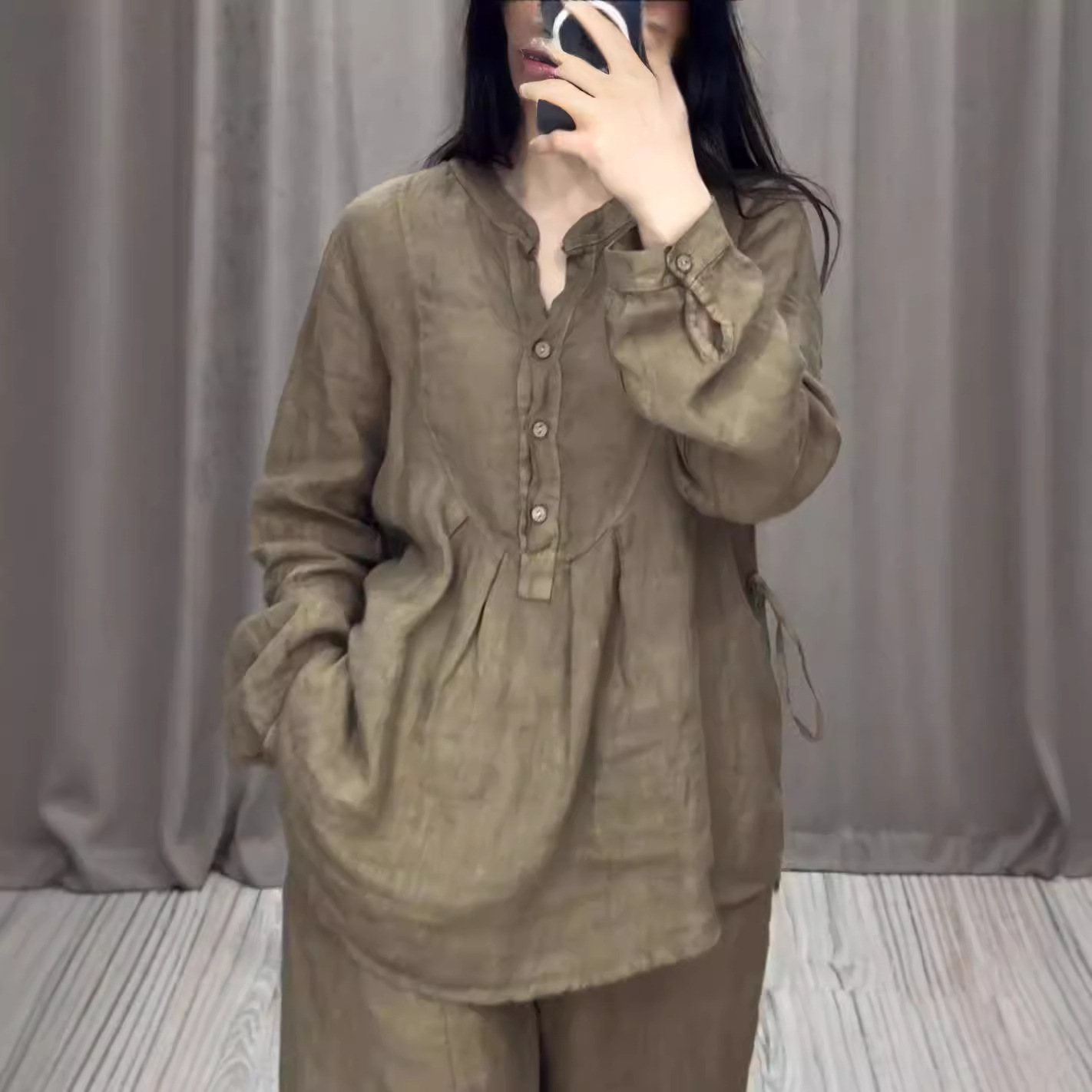 Cotton Linen Long Sleeve Half-Placket Pleated Wide-Leg Pants Set