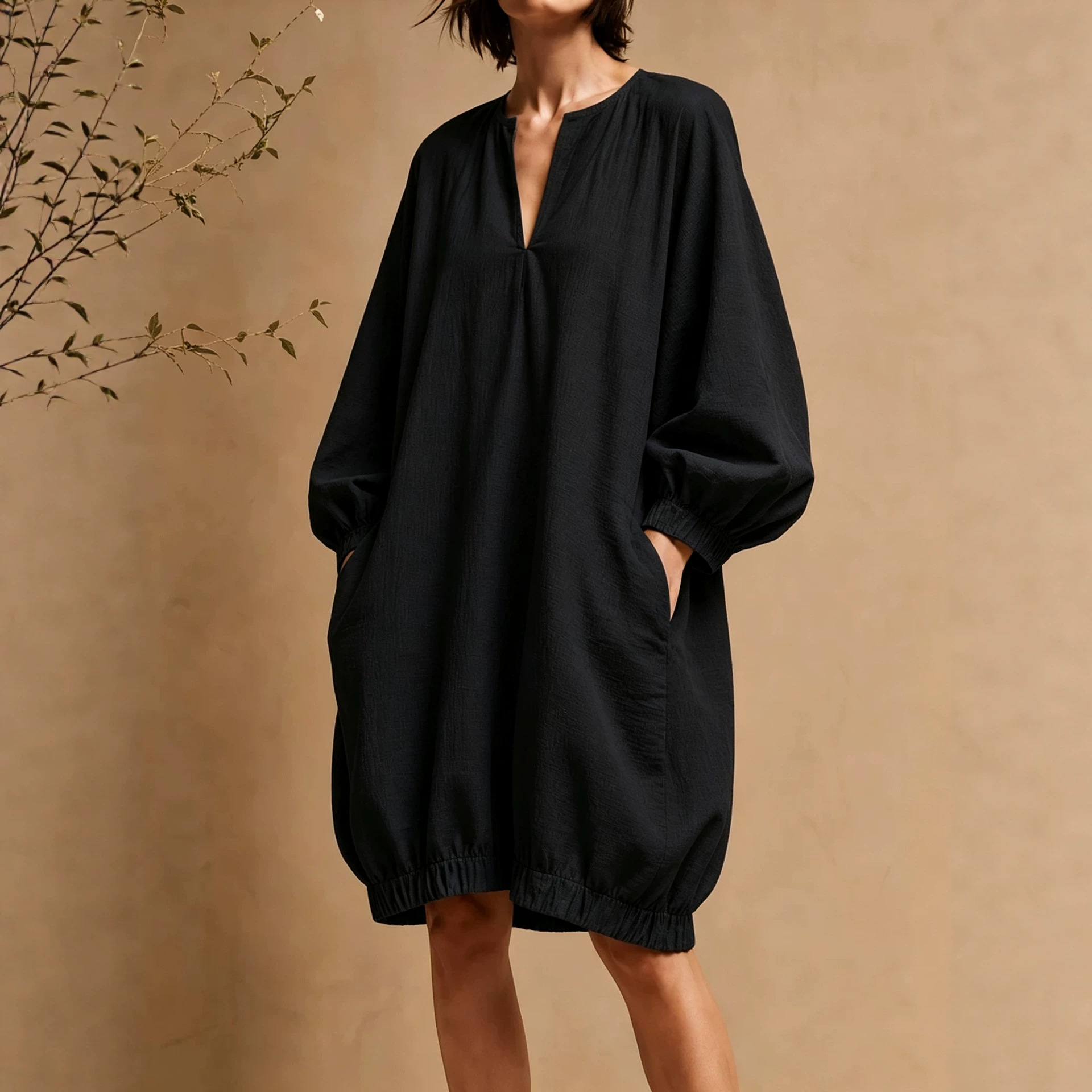 Women's V-Neck Loose Midi Dress with Lantern Sleeves