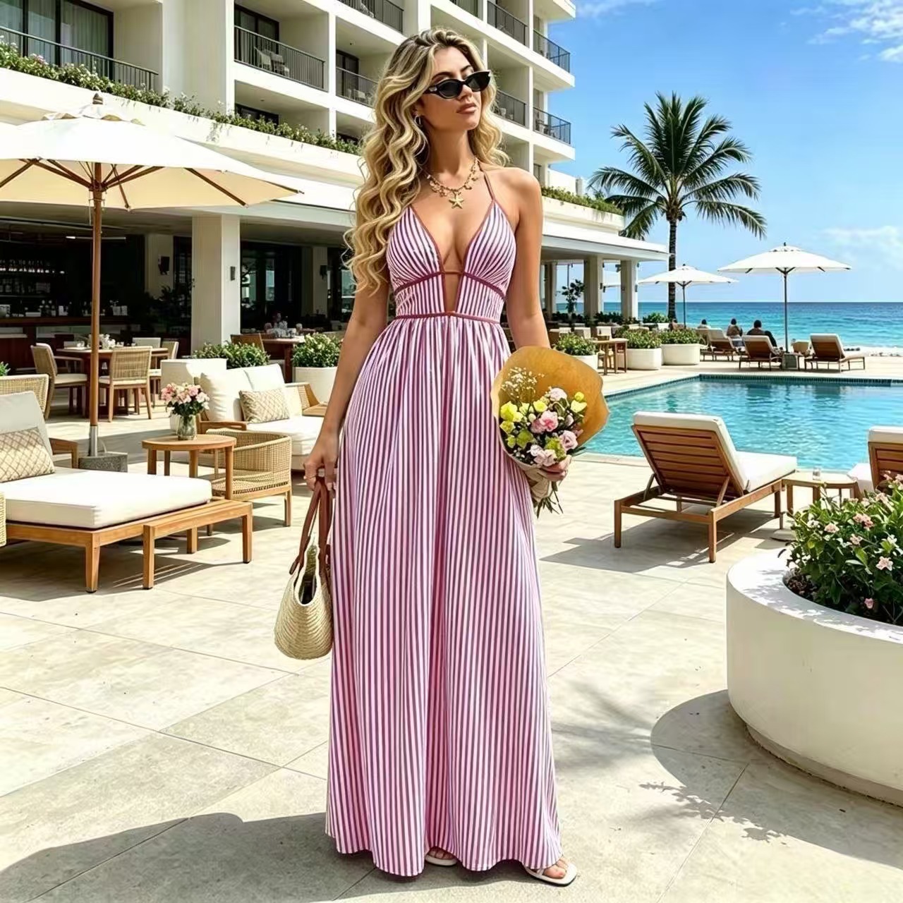Women's Deep V-Neck Striped Sleeveless Maxi Dress
