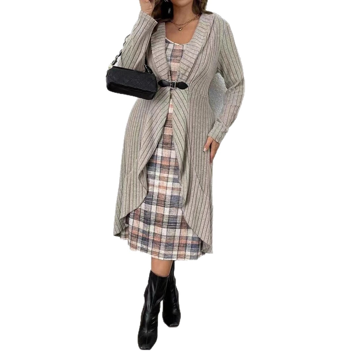 Pleated Long Sleeve Cardigan Trench Coat & Knit Dress Two-Piece Set