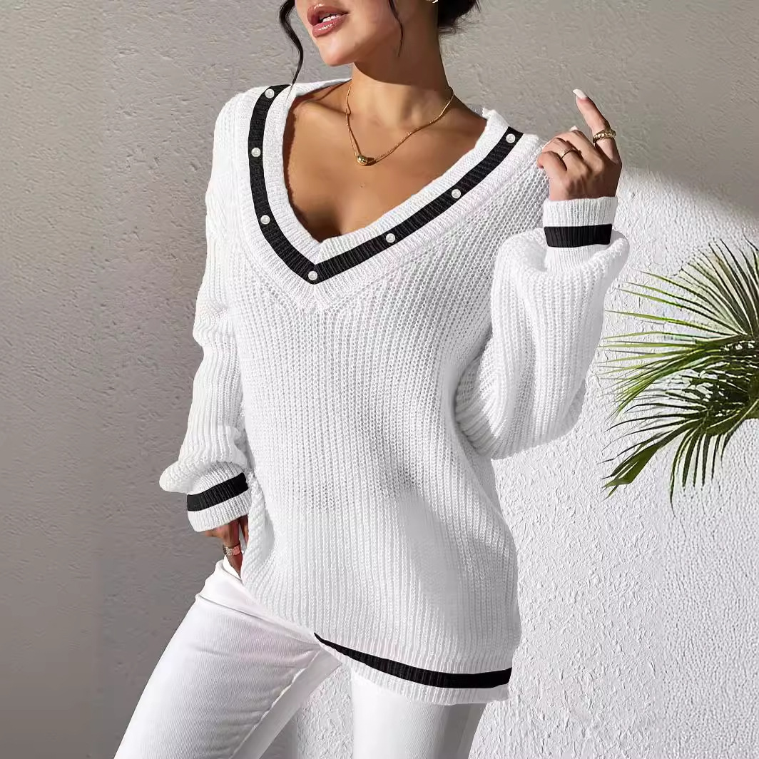 Preppy Colorblock V-Neck Beaded Knit Sweater