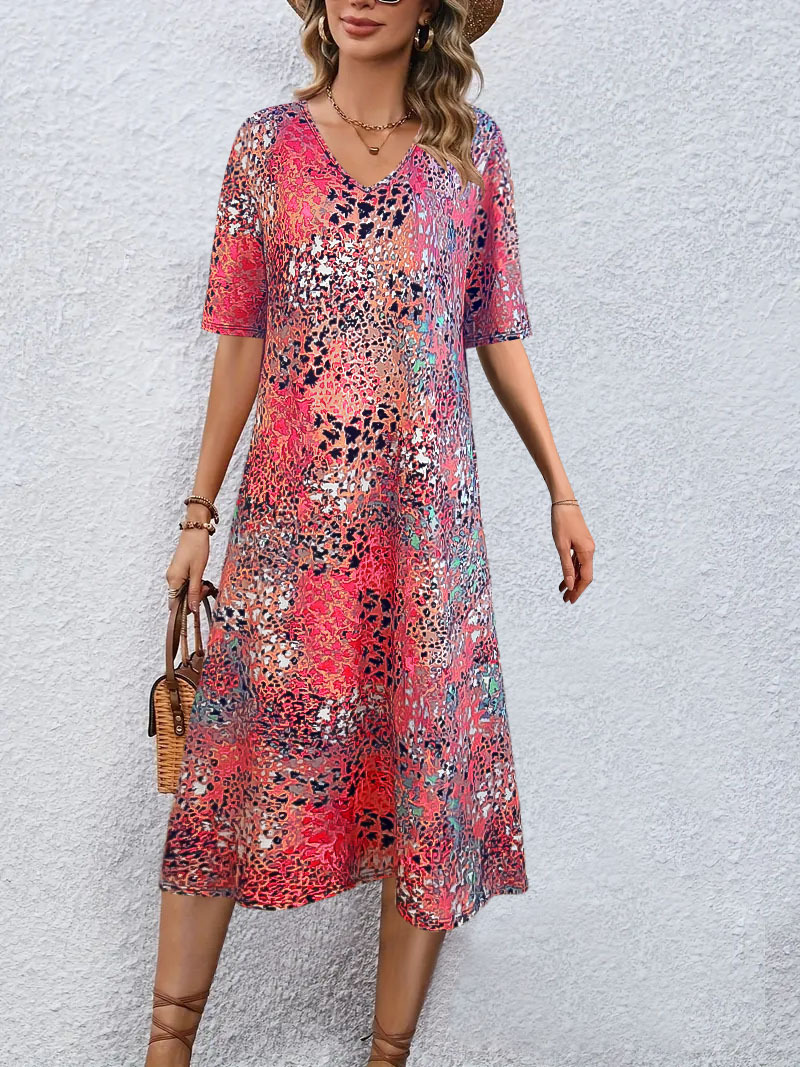 Floral Print V-Neck Short Sleeve Midi Dress
