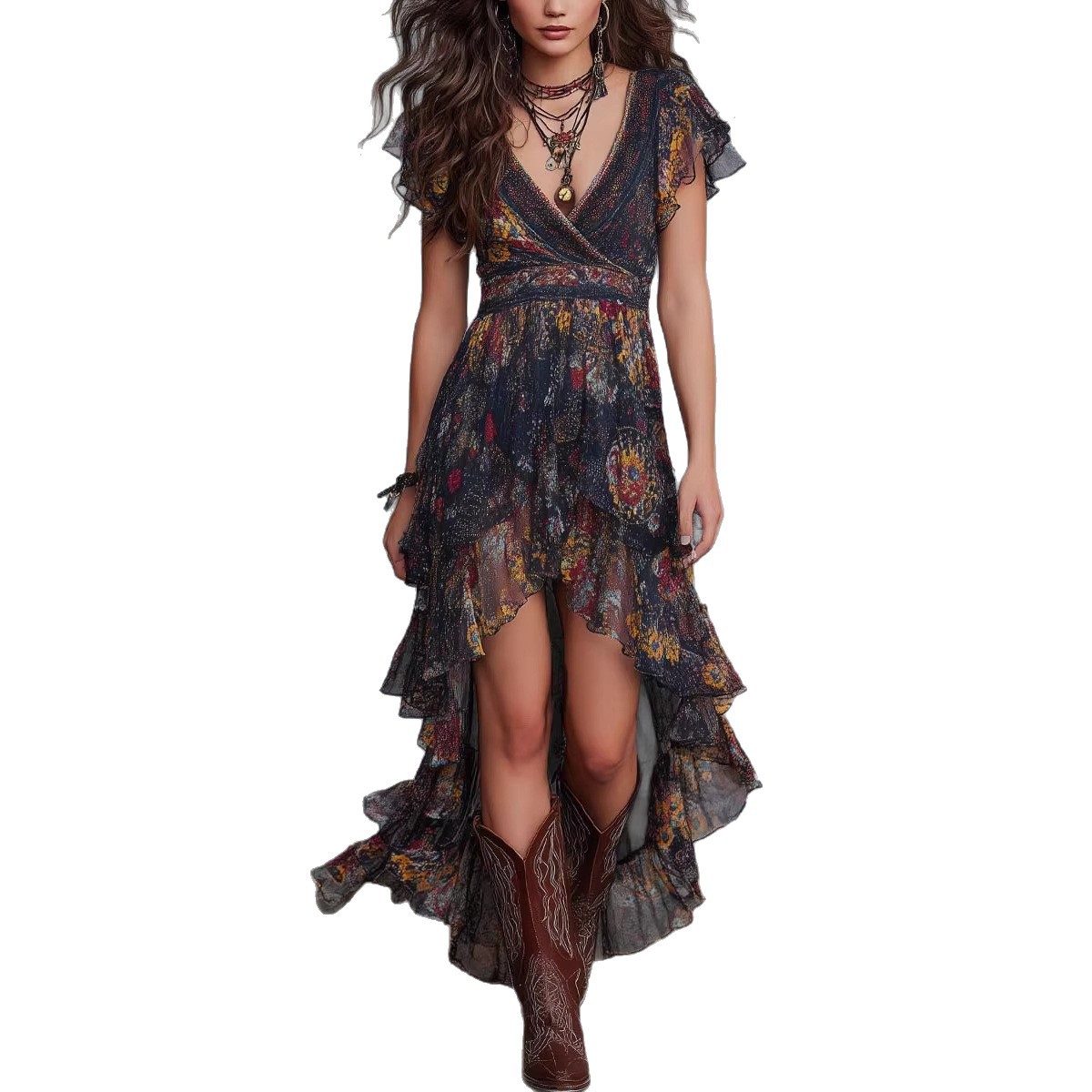 V-Neck Printed Asymmetrical Ruffle Midi Dress