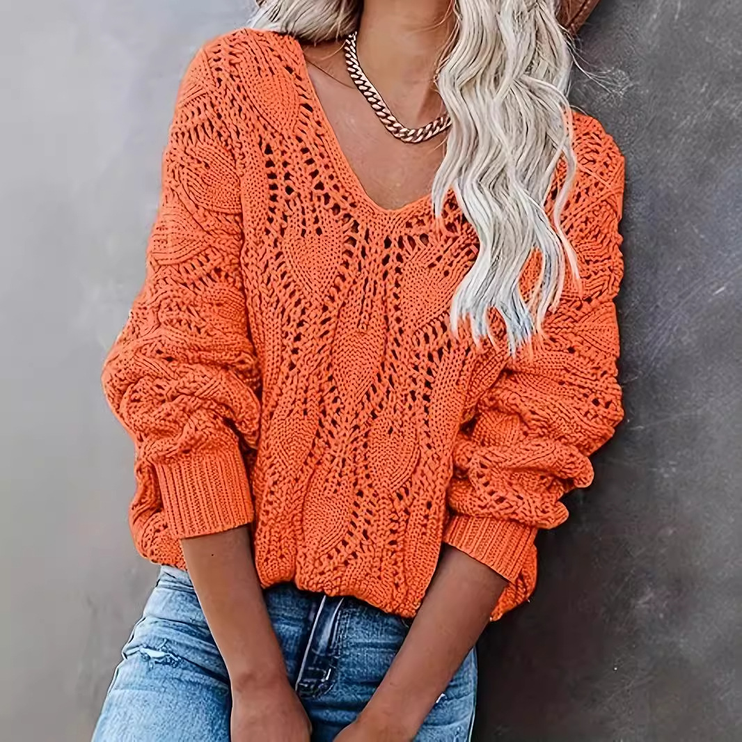 Women's Openwork V-Neck Long Sleeve Pullover Sweater Loose Knit Top
