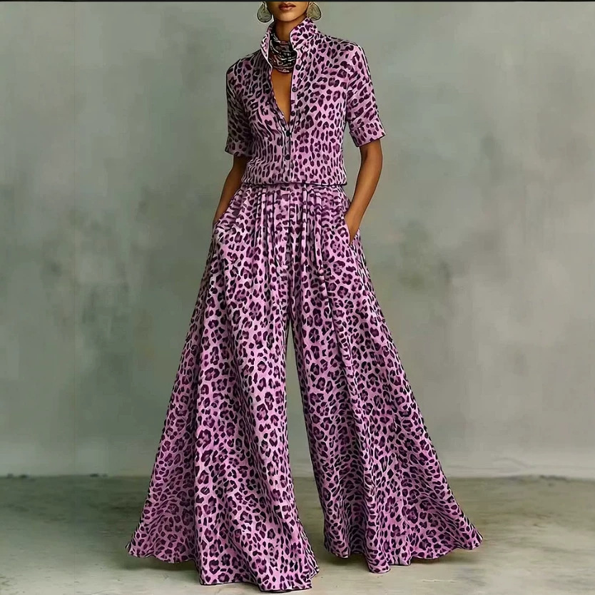 Women's Leopard Print Matching Set: Short Sleeve Loose Shirt & High Waist Wide Leg Pants