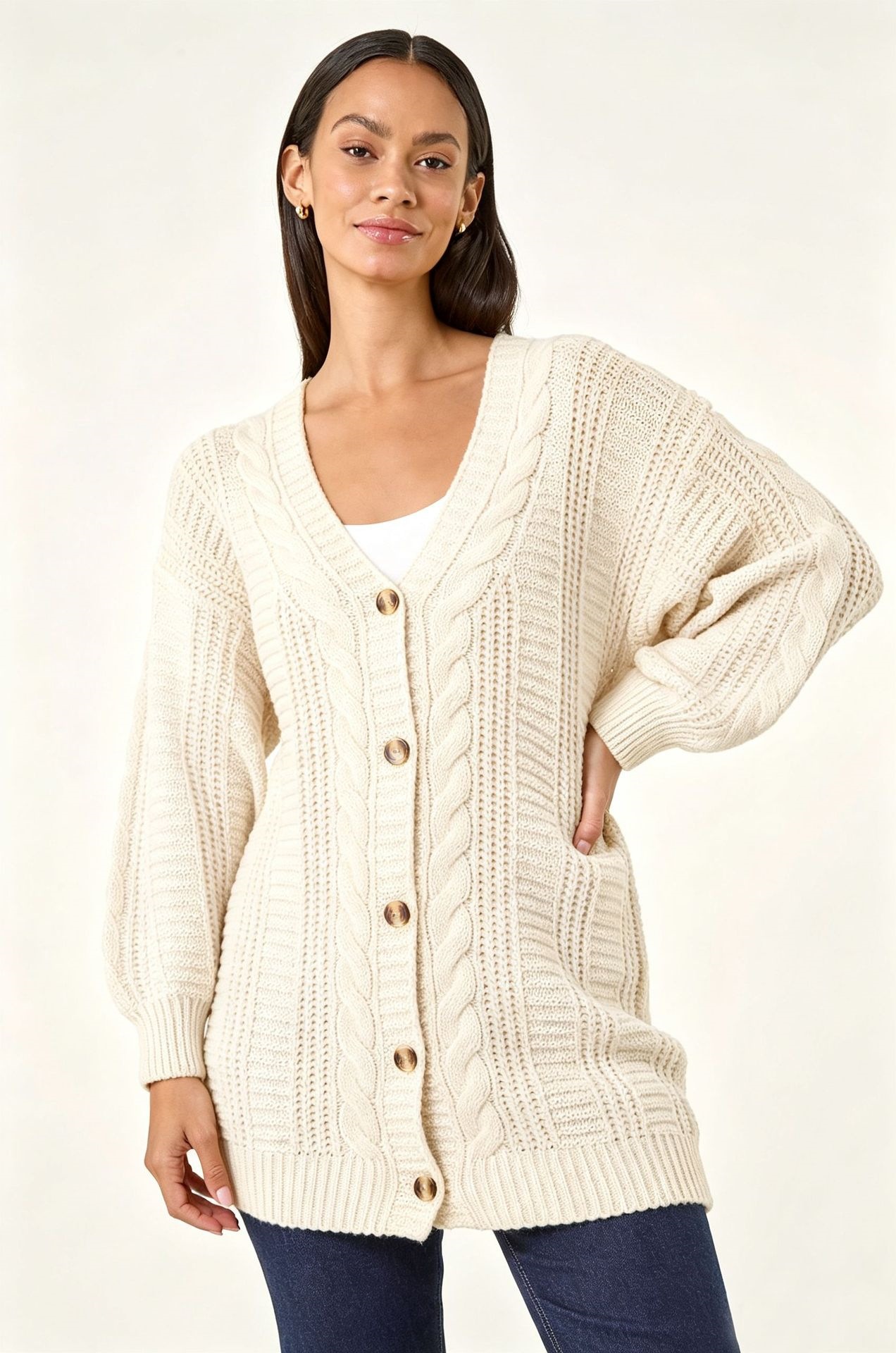 Women's Plus Size Solid Knit Cardigan V-Neck Lantern Sleeve Loose Fit