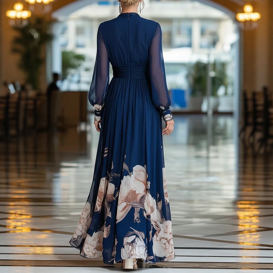 Deep V-Neck Floral Print Long Sleeve A-Line Maxi Dress