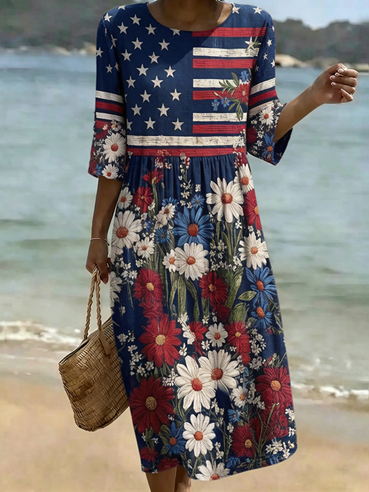 Women's American Floral Flag Print Ruched Midi Dress