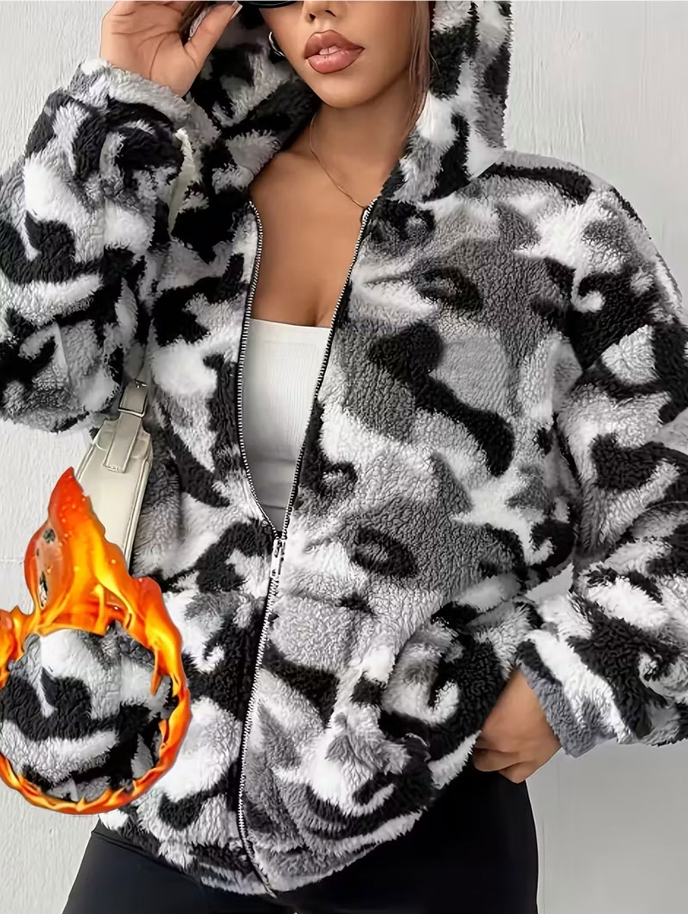 Reversible Camo Fleece Zip Hooded Cardigan Women's Plush Jacket