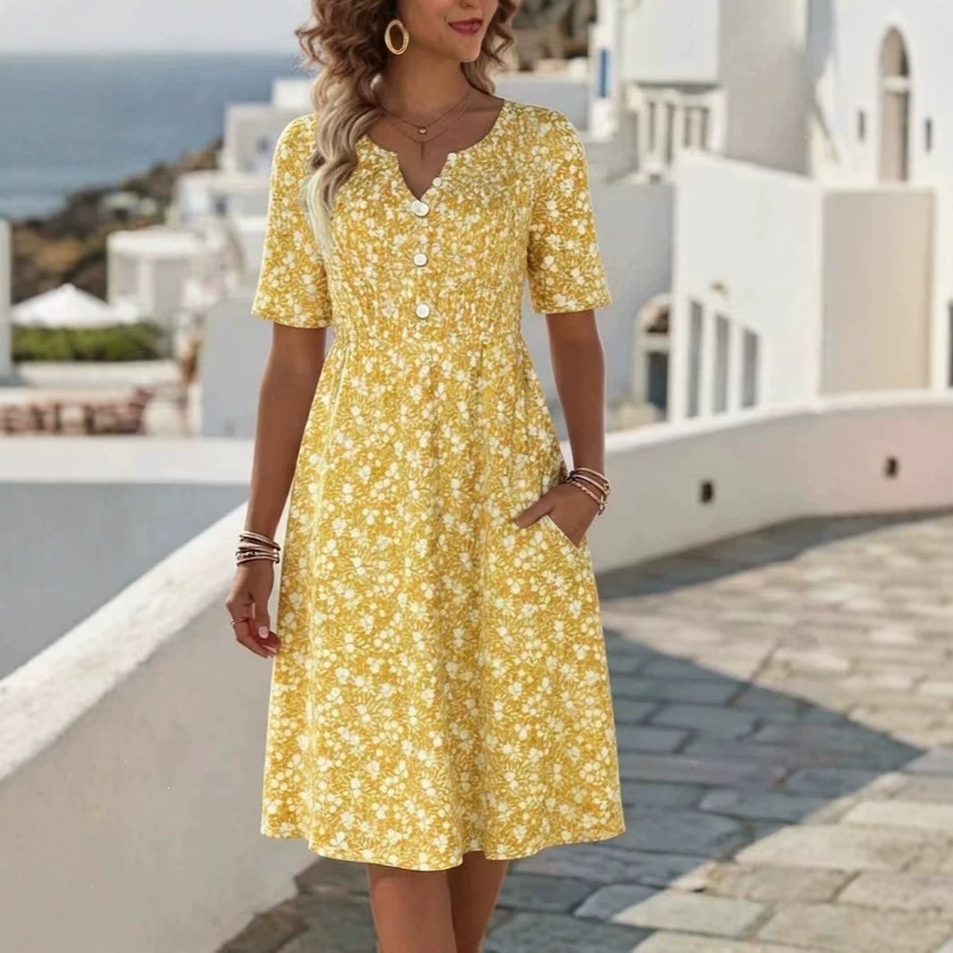 Women's Floral Print V-Neck Midi Dress Short Sleeve