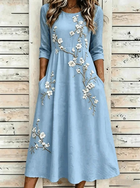 Floral Embroidered Midi Dress with Pockets