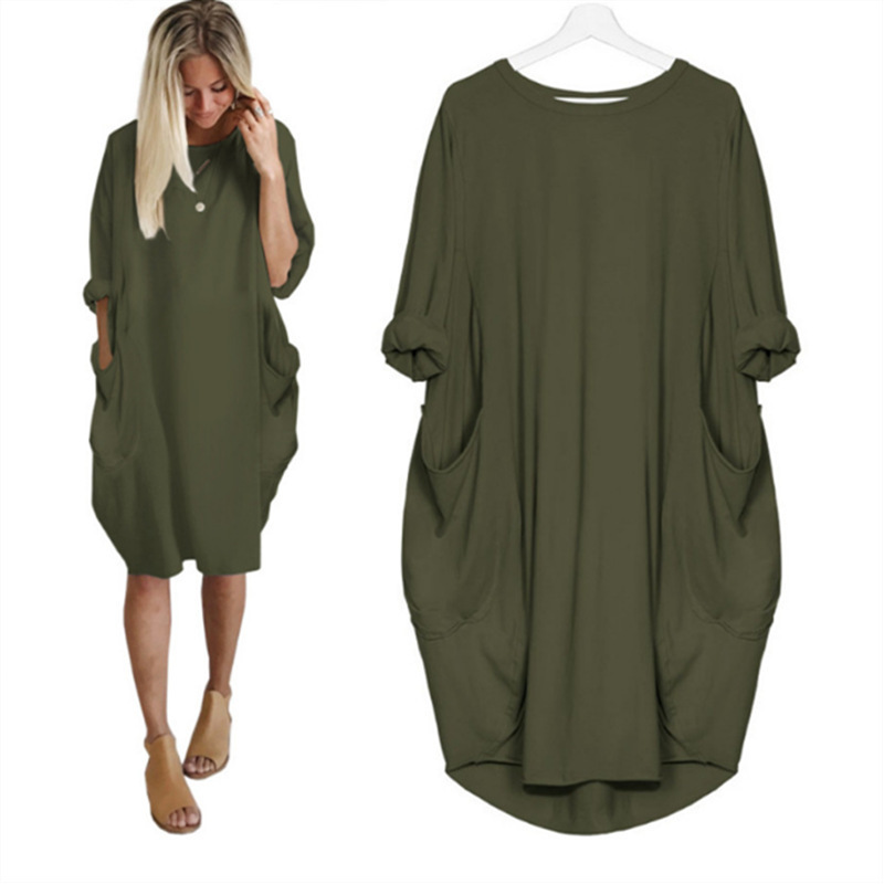 Women's Casual Loose Pocket Long Sleeve Plus Size Dress