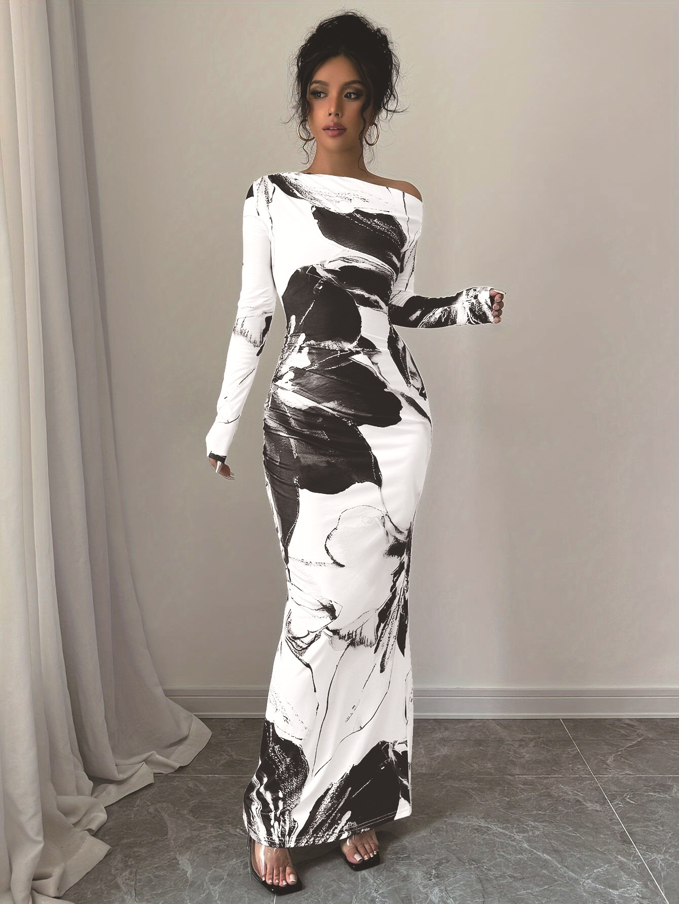 Off-Shoulder Floral Print Bodycon Long Dress