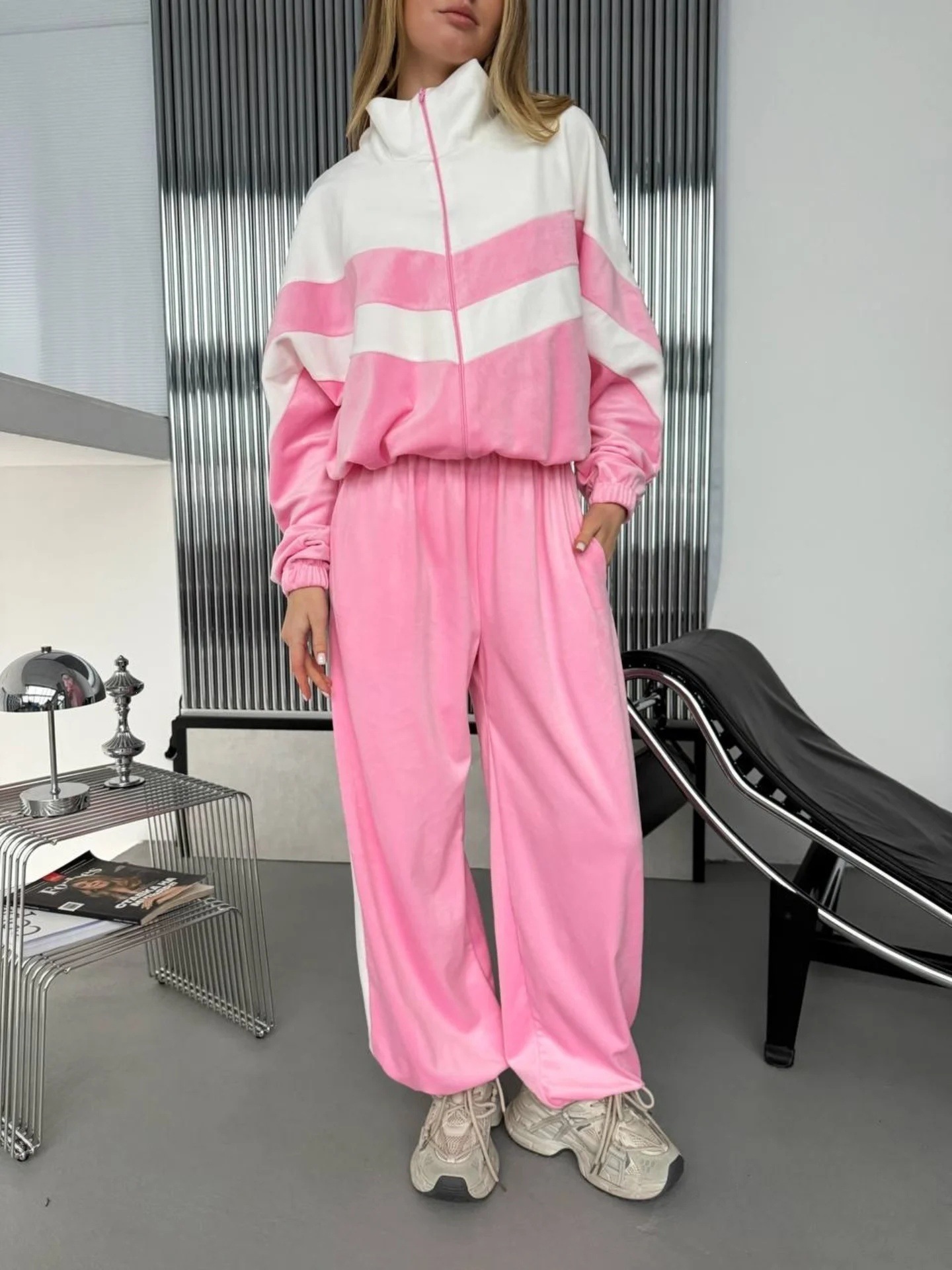 Women's Colorblock Zip Cardigan & Wide-Leg Pants Set