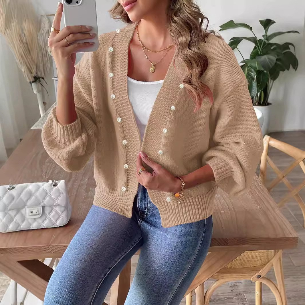 Women's Cropped Pearl Beaded Cardigan Sweater Coat