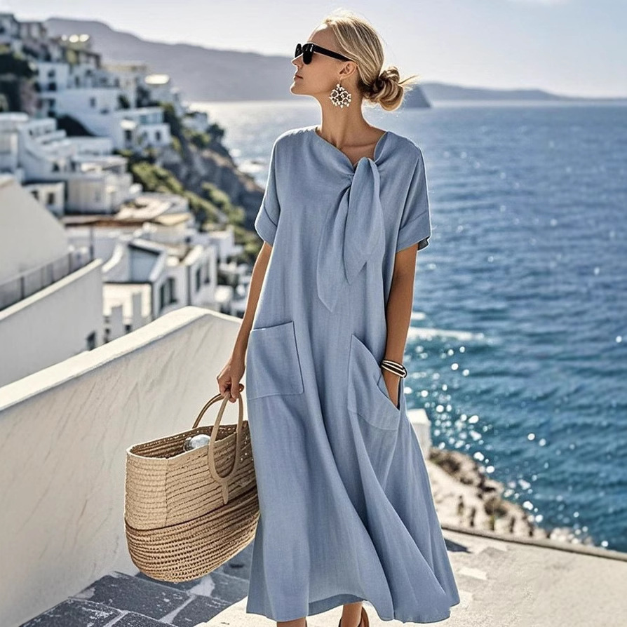 Bow-Tie Neck Long Sleeve Short Sleeve Dress