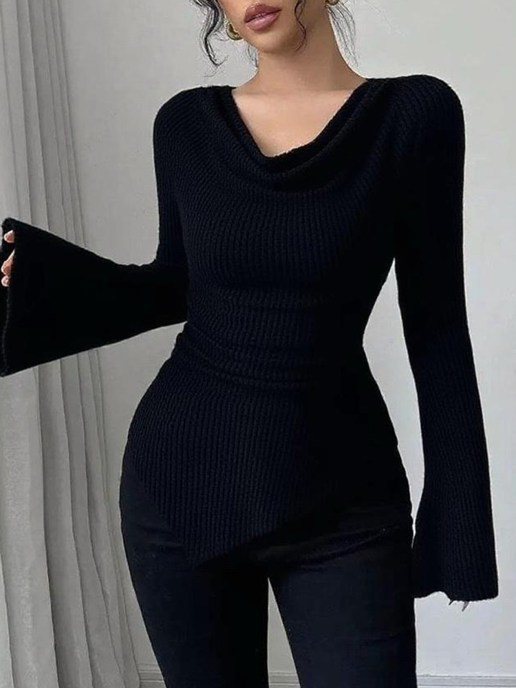 Ribbed Off-Shoulder Slim Fit Long Sleeve Knit Top